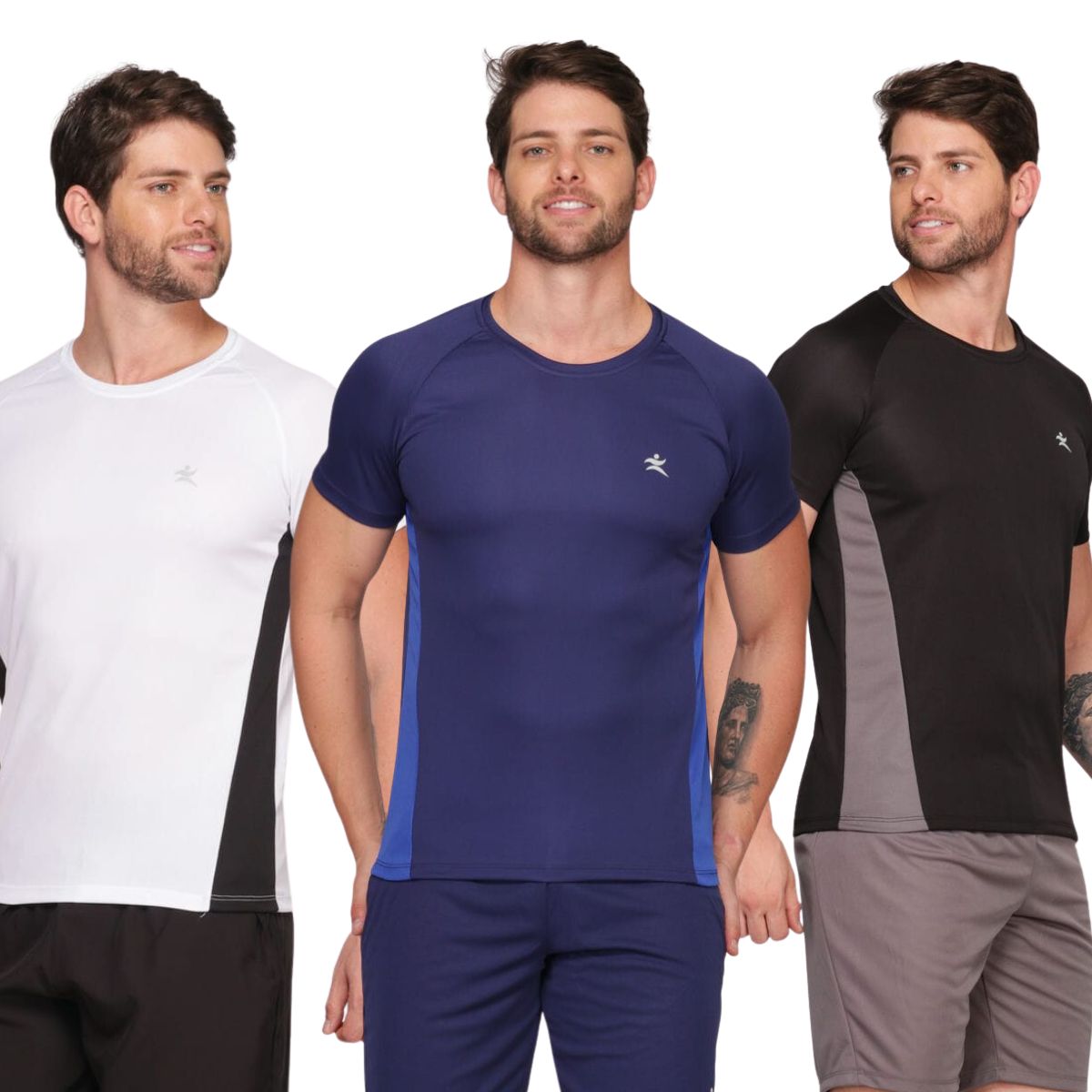 Kit 3 Camisetas Masculinas com Recorte DryFit: Absorve 70% do Suor e Não Esquenta  - Azul, Preta e Branca