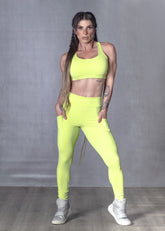 Conjunto Fitness LiteLift - Top Nadador + Calça Legging Básica - Verde Flúor