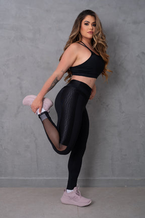 Conjunto Fitness Academia Tulle Motion Top + Legging Poliamida com Detalhes em recorte- Preto