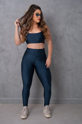 Conjunto Fitness Academia Lili Top + Legging Poliamida com Detalhes em recorte- Azul marinho