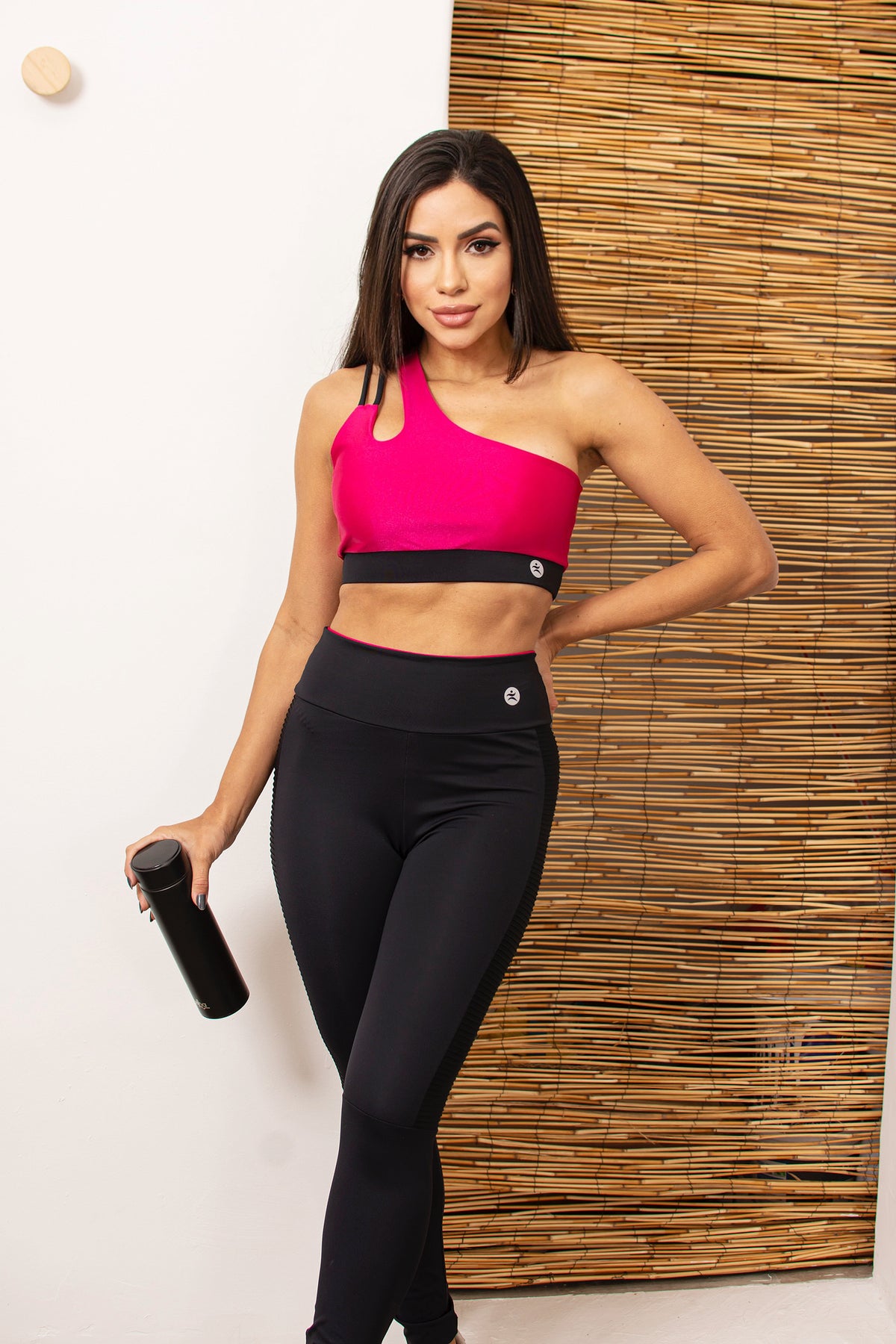 Conjunto Fitness Academia CorePower Top Ombro Só+ Legging Poliamida com Detalhes Pink